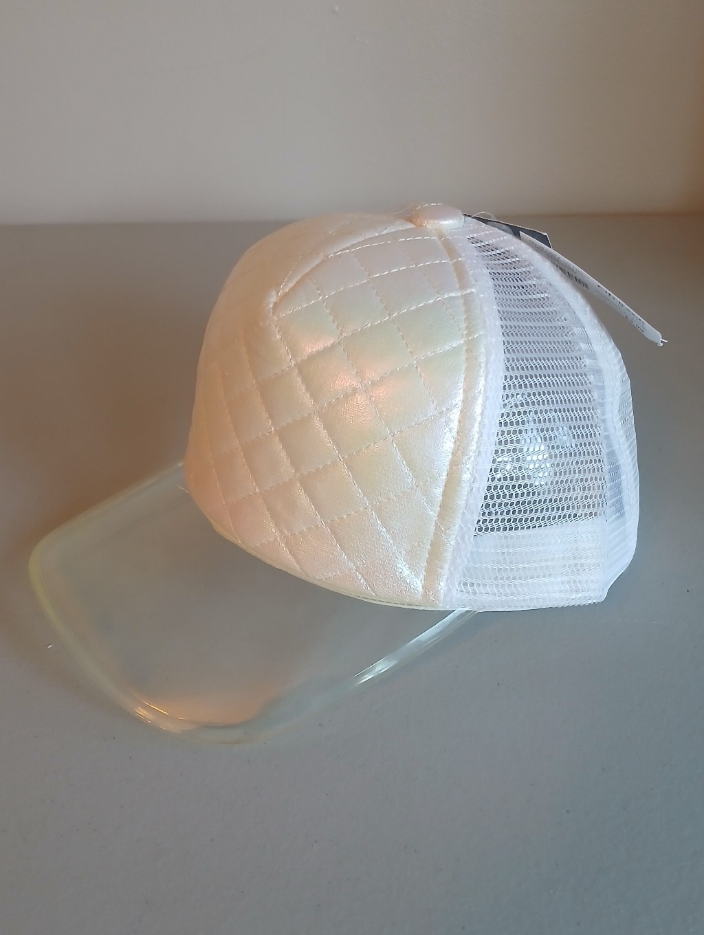 New! White Iridescent Quilted Mesh Trucker Baseball Cap With Clear Visor Os